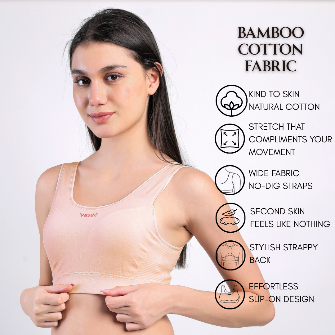 Active Bamboo Cotton Padded Bra - Pink - FREE SIZE