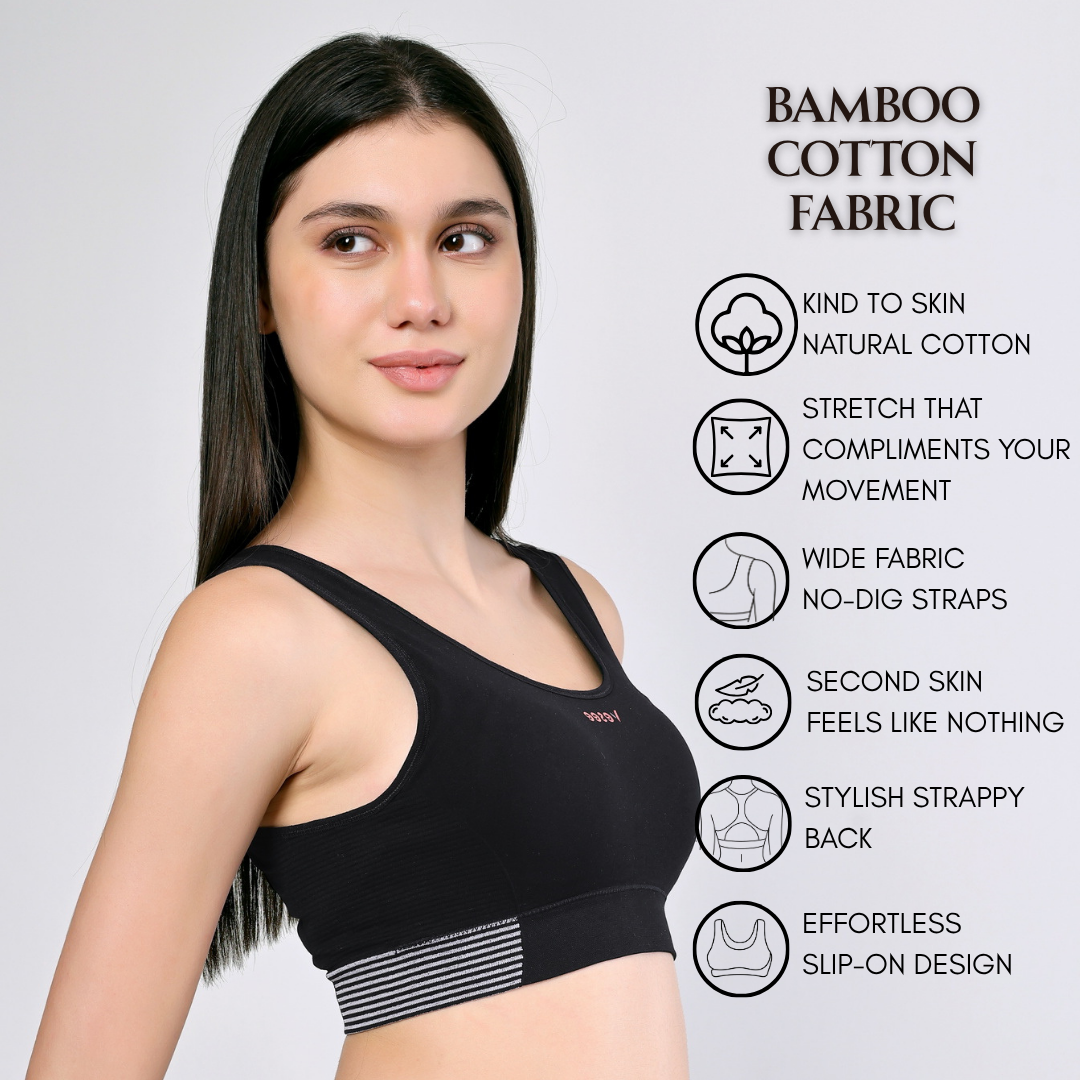 Active Bamboo Cotton Padded Bra - Black - FREE SIZE